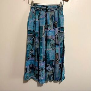 Vintage Midi Skirt Women Small Petite Pleated A-Line Skirt Elastic Waist Blue